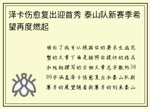 泽卡伤愈复出迎首秀 泰山队新赛季希望再度燃起