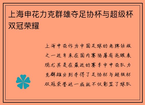 上海申花力克群雄夺足协杯与超级杯双冠荣耀